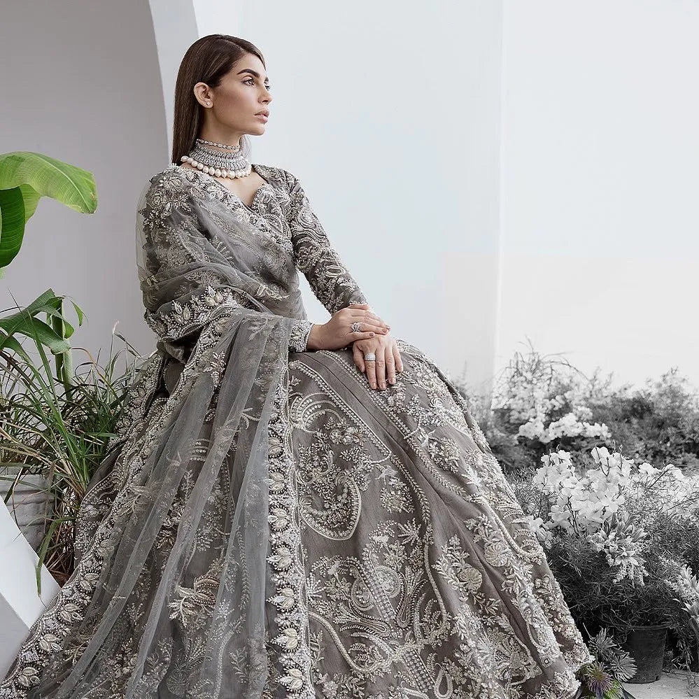Luxury Grey Pakistani Bridal Lehenga Choli & Dupatta Dress