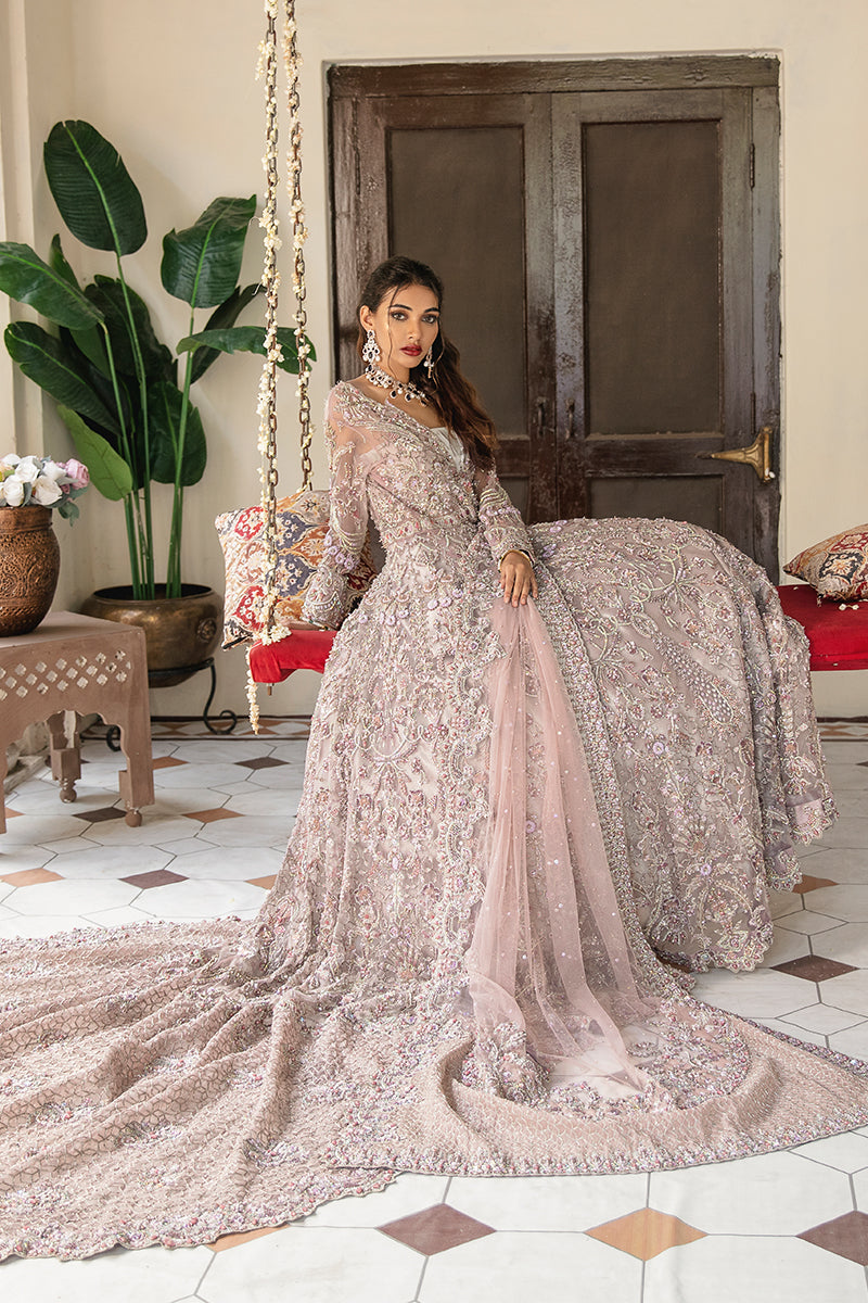 Lavender Long Tail Pakistani Bridal Dress with Elegant Dupatta