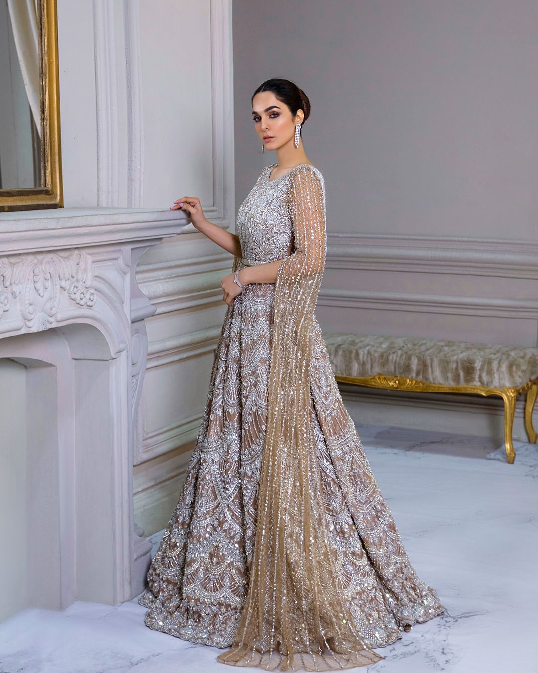 Embellished Pakistani Bridal Maxi Dress For Wedding Nameera By Farooq