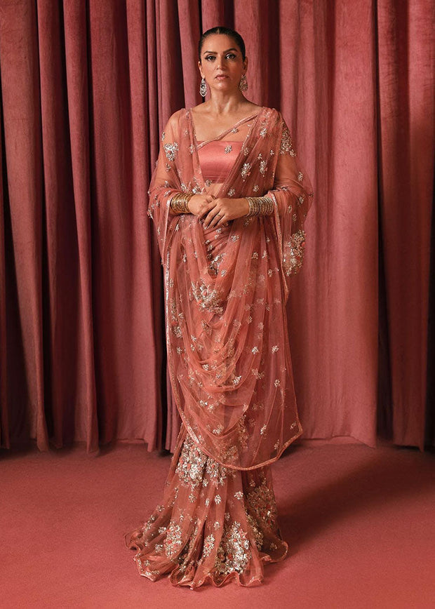 Latest Embellished Rose Gold Saree Dress in Premium Net Fabric