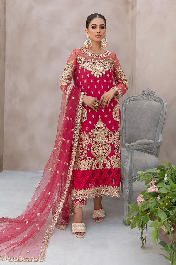 Latest Embellished Rose Red Salwar Kameez Pakistani Eid Dress