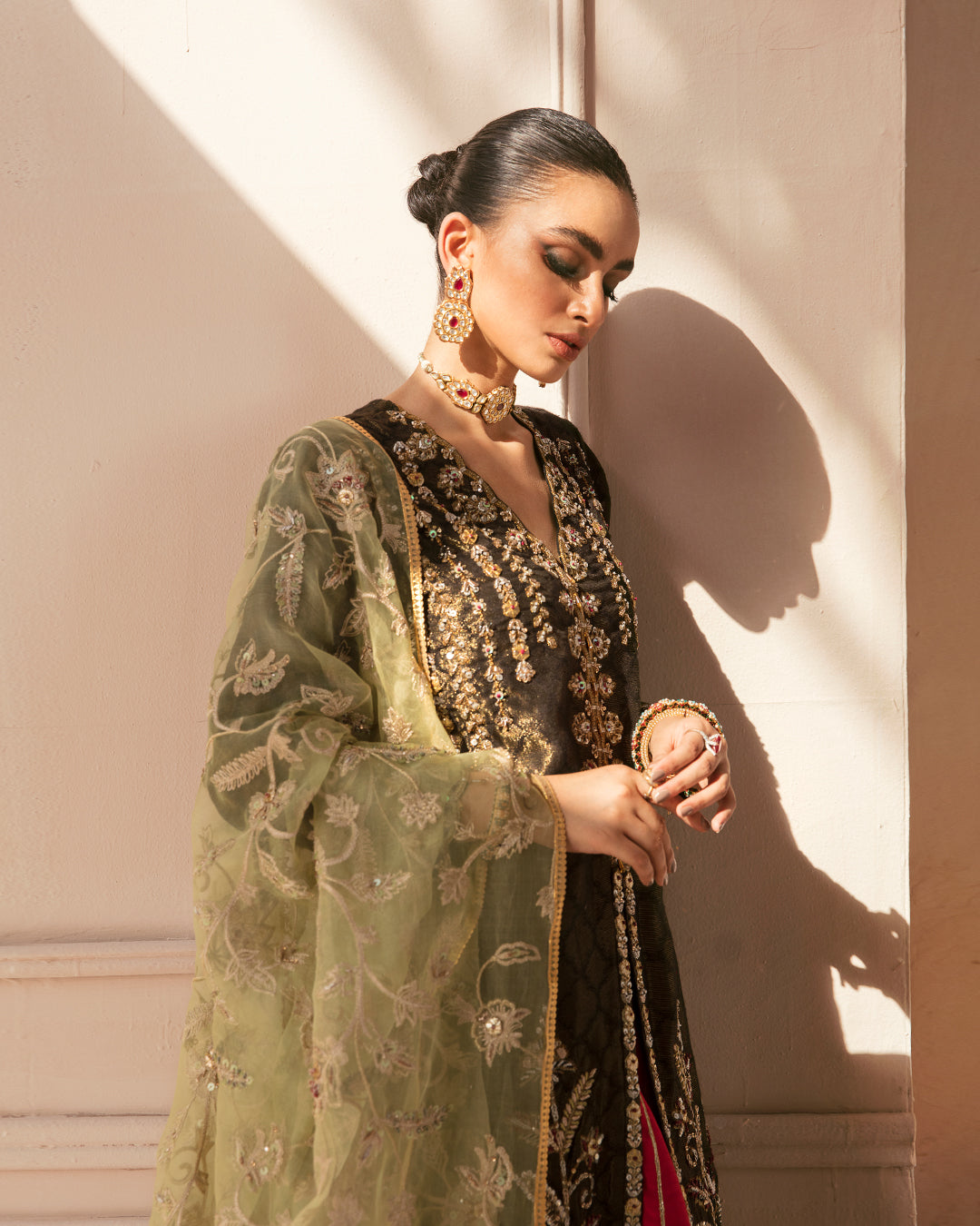 Latest Embroidered Black Kameez and Red Lehenga Dupatta Dress