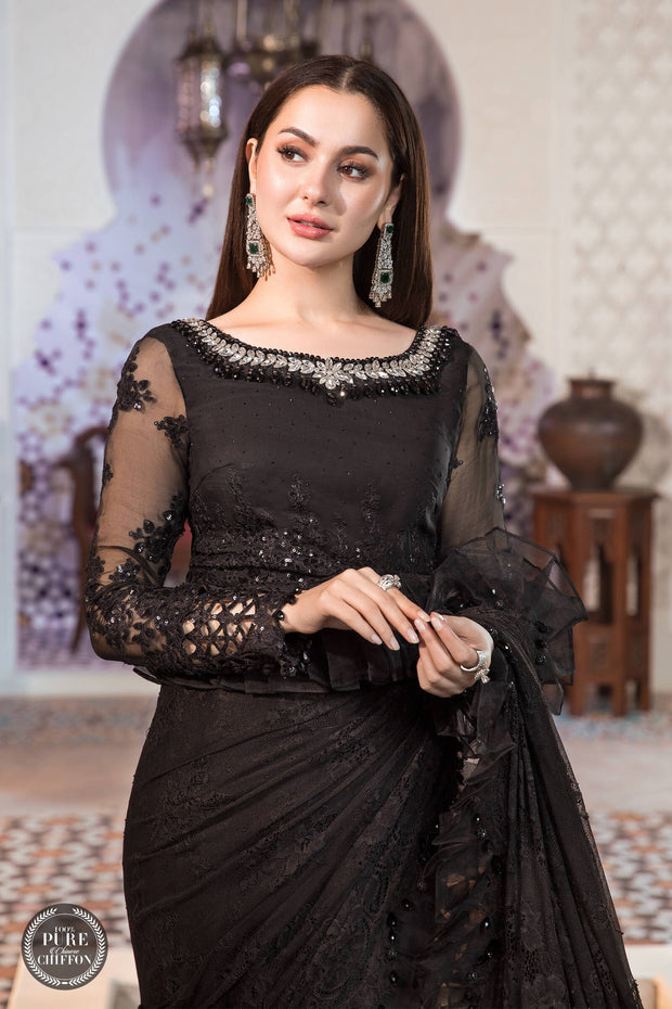 Latest Embroidered Chiffon Black Saree Pakistani Eid Dress