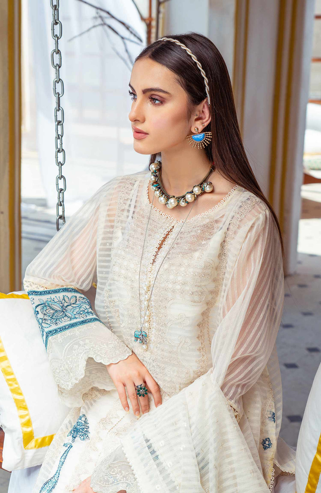 Latest Embroidered Kameez Trouser Dupatta in Organza Fabric