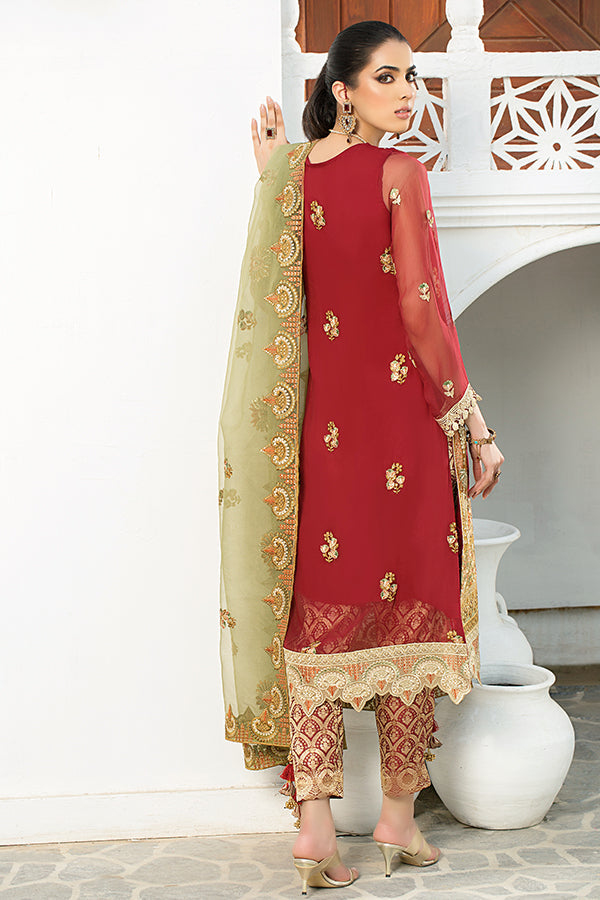 Latest Embroidered Pakistani Eid Dress in Chiffon Kameez Dupatta and Jamawar Trouser Style Online