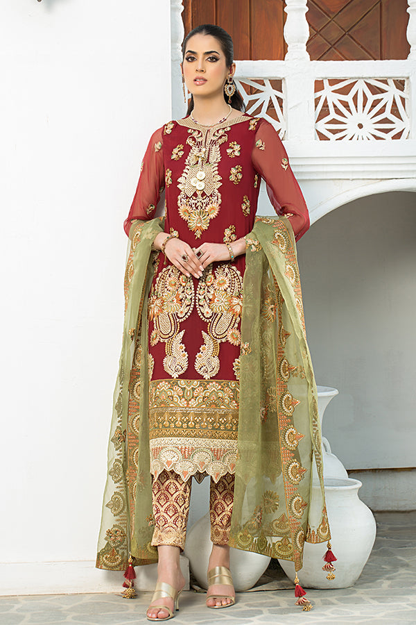 Latest Embroidered Pakistani Eid Dress in Chiffon Kameez Dupatta and Jamawar Trouser Style