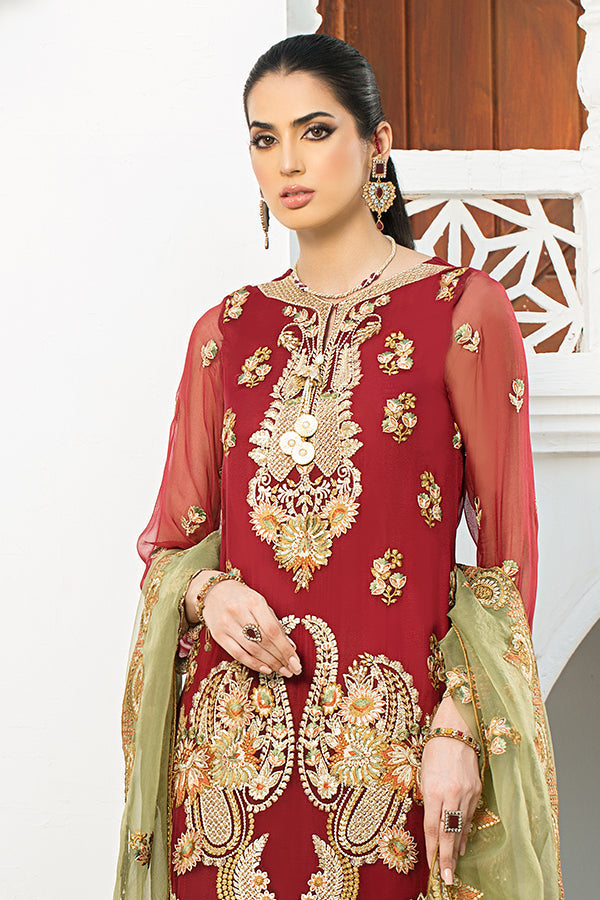 Latest Embroidered Pakistani Eid Dress in Chiffon Kameez and Jamawar Trouser Style