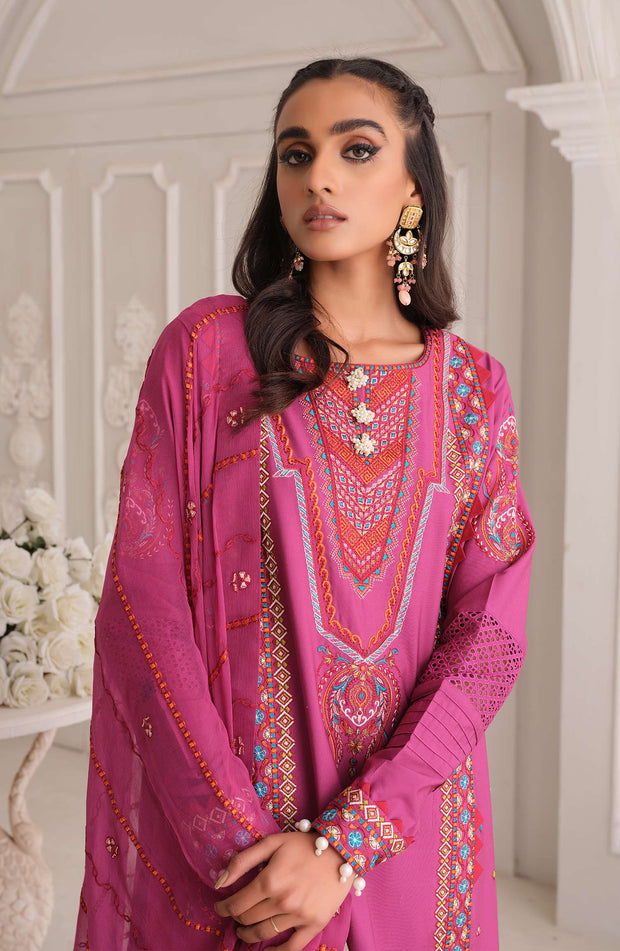 Latest Embroidered Pink Kameez Trouser Dupatta Dress in Lawn