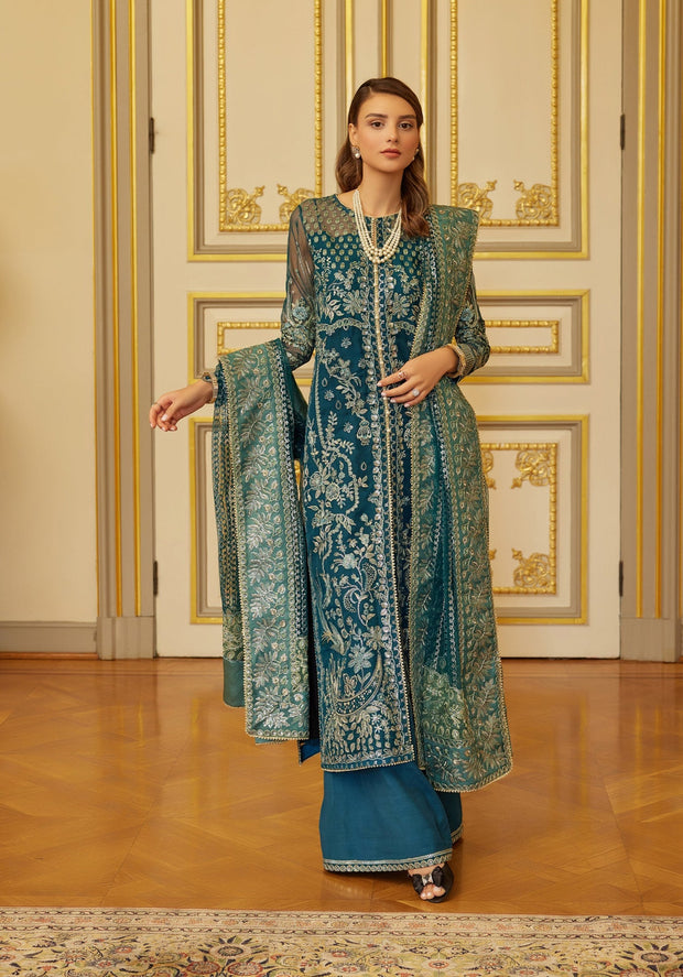 Latest Embroidered Teal Blue Pakistani Wedding Dress