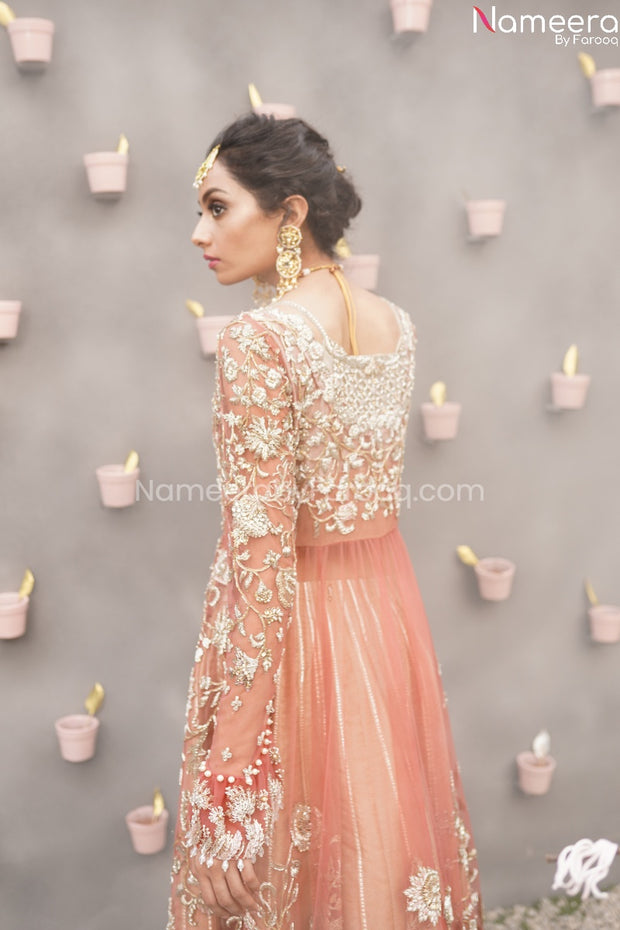 Latest Embroidered Wedding Dress in Coral Color Backside VIew