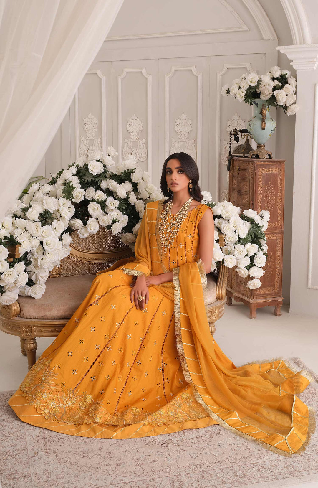 Latest Embroidered Yellow Pakistani Maxi Eid Dress in Lawn
