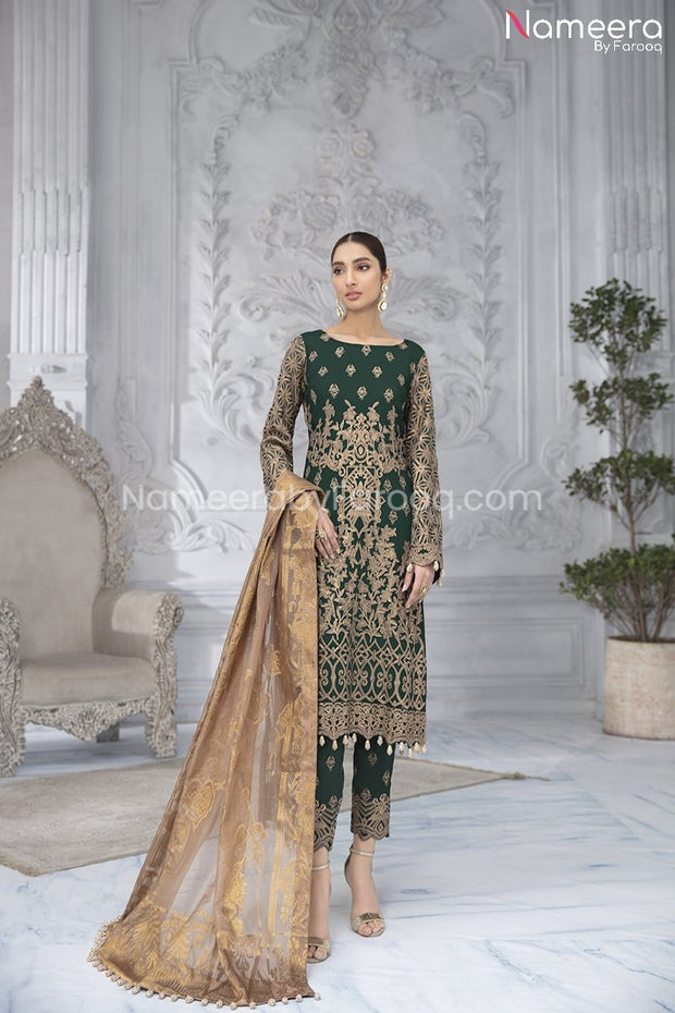 Buy Emerald Green Chiffon Dress Pakistani for Eid Online Nameera by Farooq Buy Emerald Green Chiffon Dress Pakistani for Eid Online Nameera by Farooq