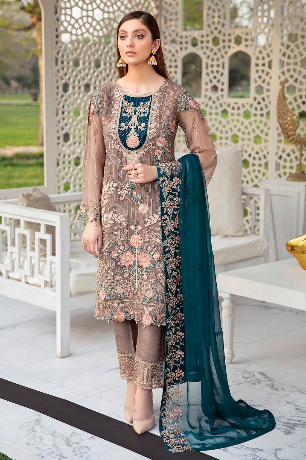 Latest Fancy Dress Pakistani in Beige Color