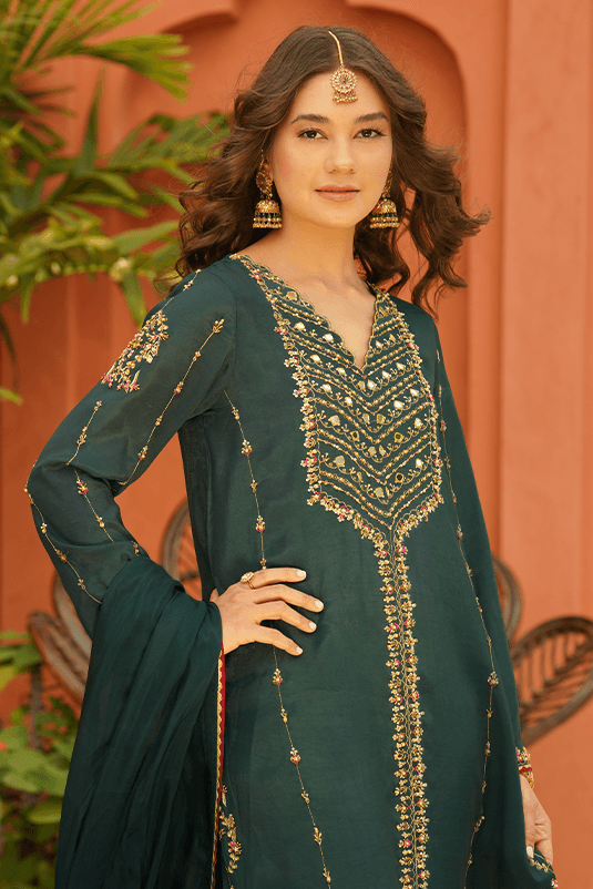 Latest Fancy Pakistani Dress in Dark Green Shade 2022