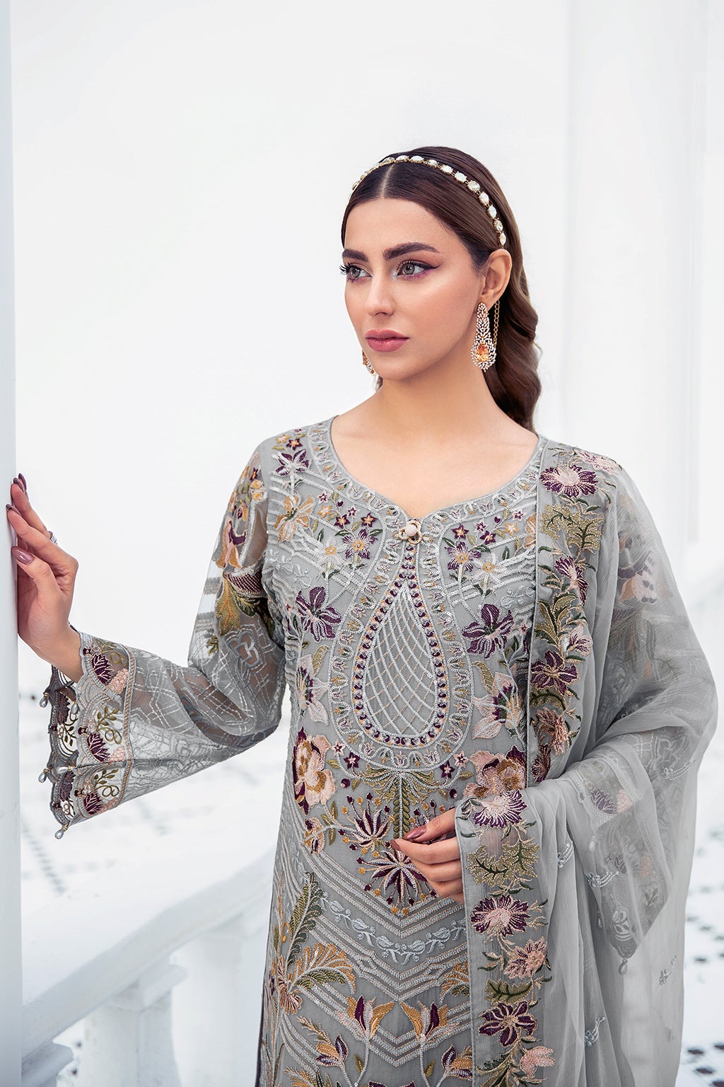 Latest Fancy Salwar Kameez in Light Grey Shade  Designer