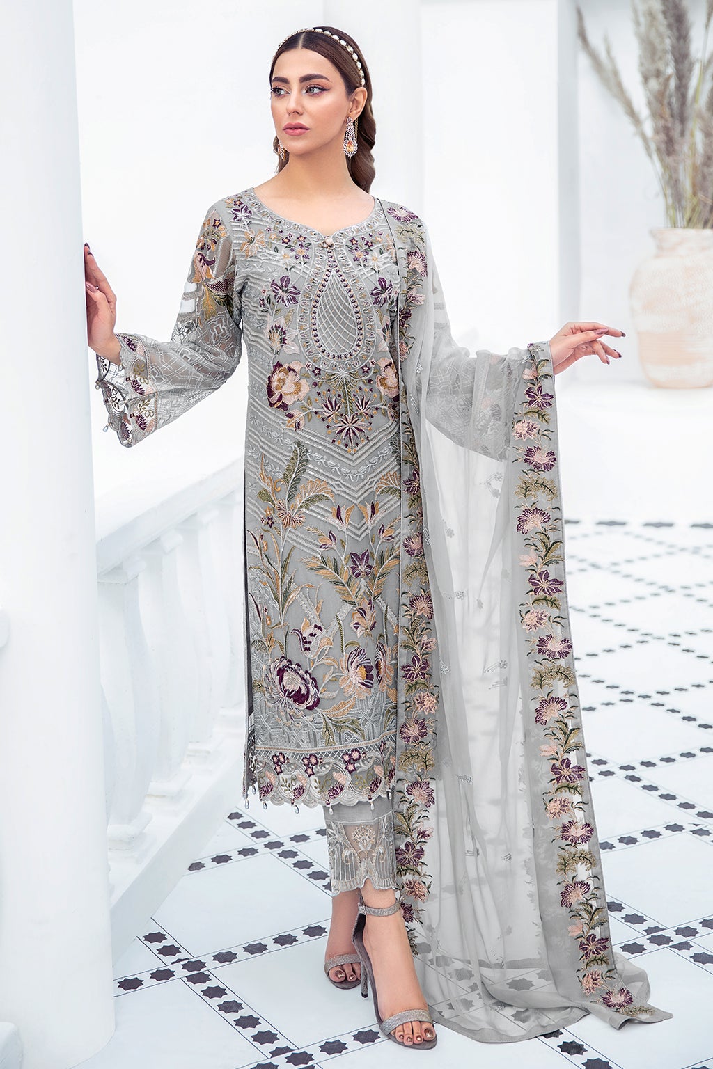 Latest Fancy Salwar Kameez in Light Grey Shade Fancy