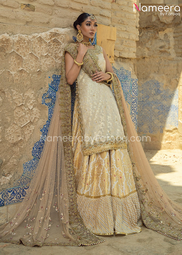 Latest Farshi Gharara and Kameez Dupatta in Ivory Gold