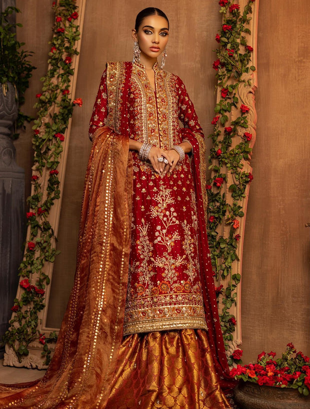 Latest Farshi Gharara with Embellished Red Kameez and Dupatta