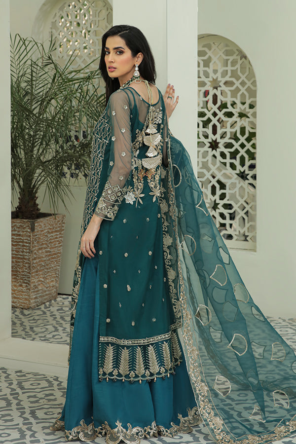 Latest Festive Pakistani Embroidered Dress in Kameez Trouser and Organza Dupatta Style for Eid