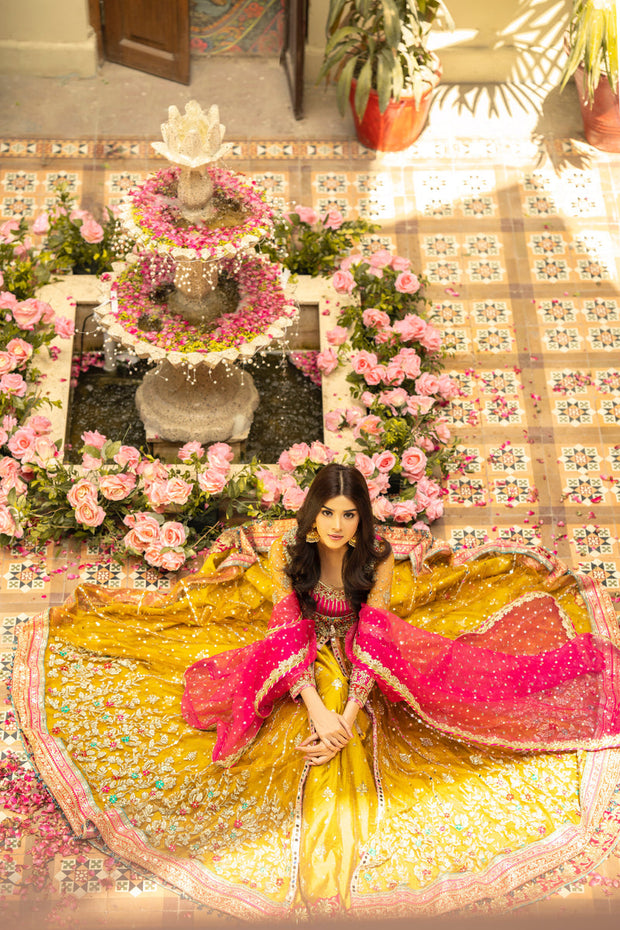 Latest Frock Lehenga Yellow Pakistani Bridal Dress for Mehndi