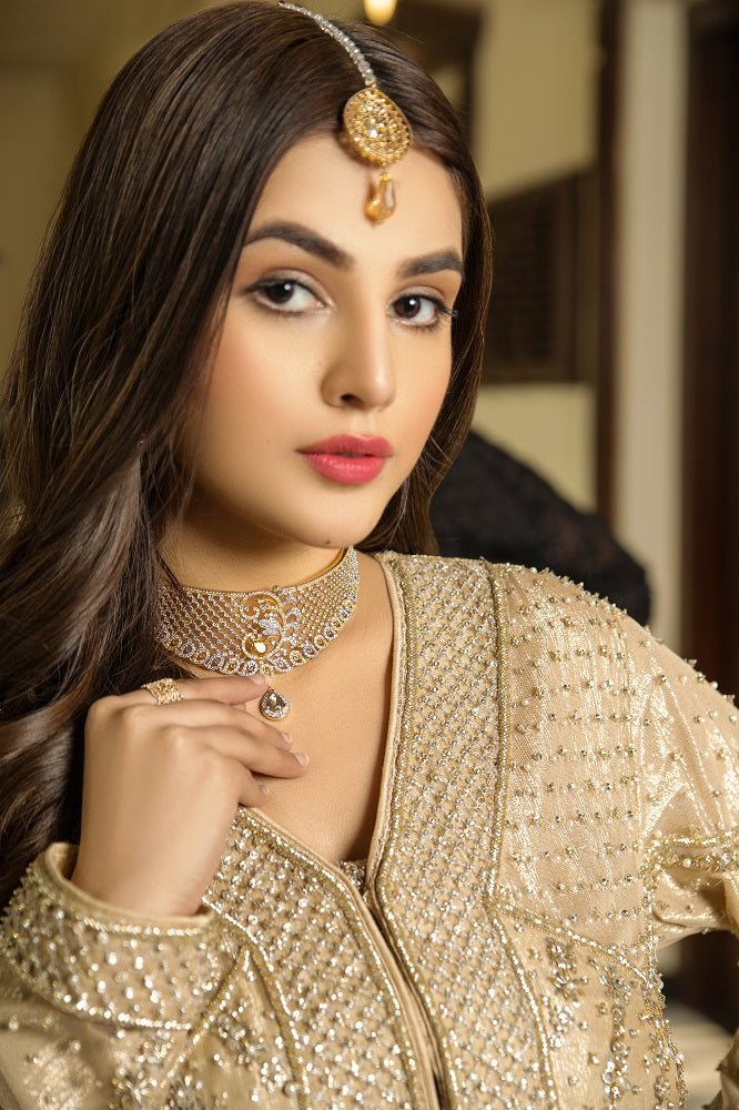 Golden Pakistani Bridal Dress - Front Open Jacket Sharara
