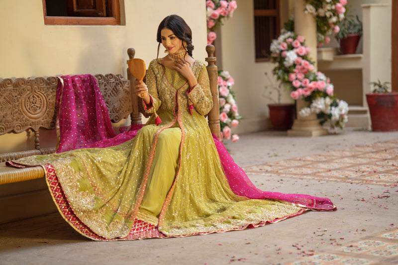 Lime Green Front Open Pishwas Frock Bridal Lehenga