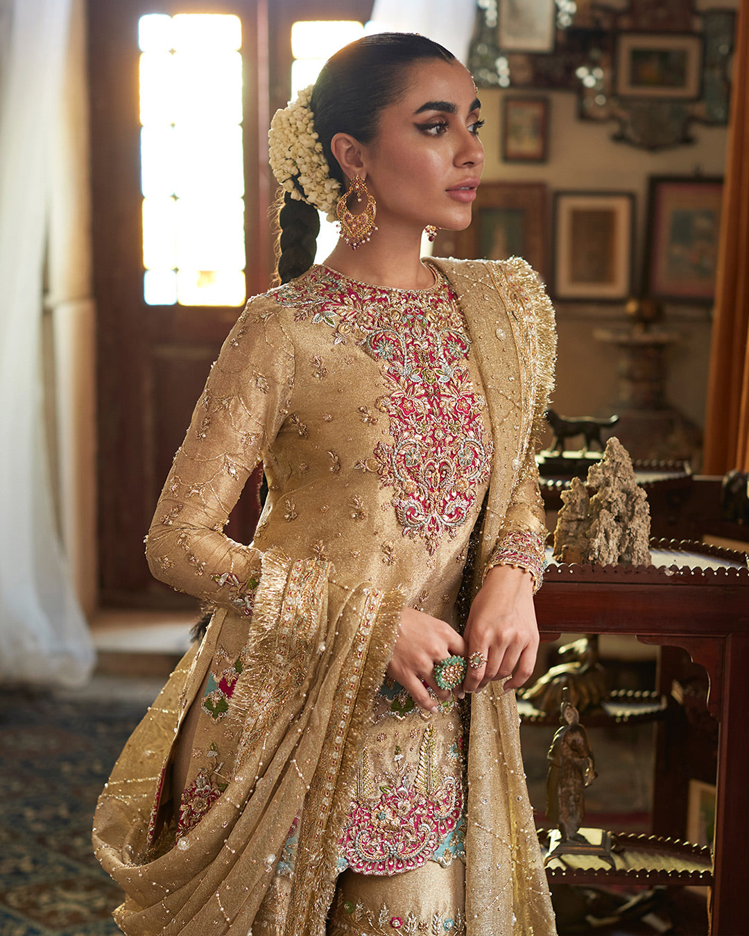Gharara Dress in Tissue Fabric for Pakistani Bride Nameera by Farooq