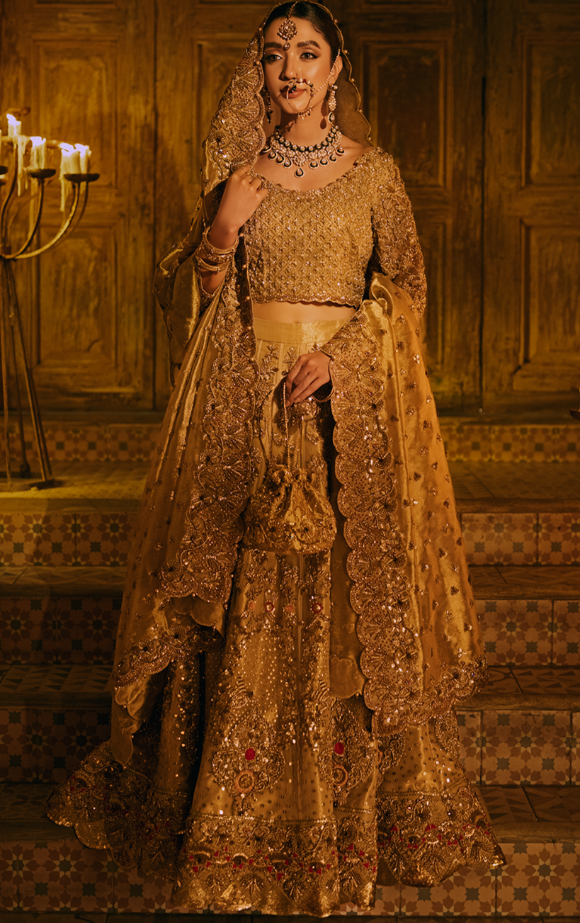 Gold Pakistani Bridal Dresses | Elegant Lehenga Choli Set