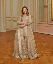 Latest Gold Pakistani Wedding Dress in Sharara Kameez Style