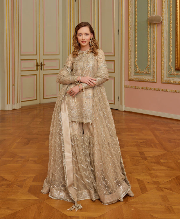 Latest Gold Pakistani Wedding Dress in Sharara Kameez Style