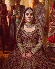 Latest Gold & Red Bridal Dress Pakistani in Lehenga Gown Style
