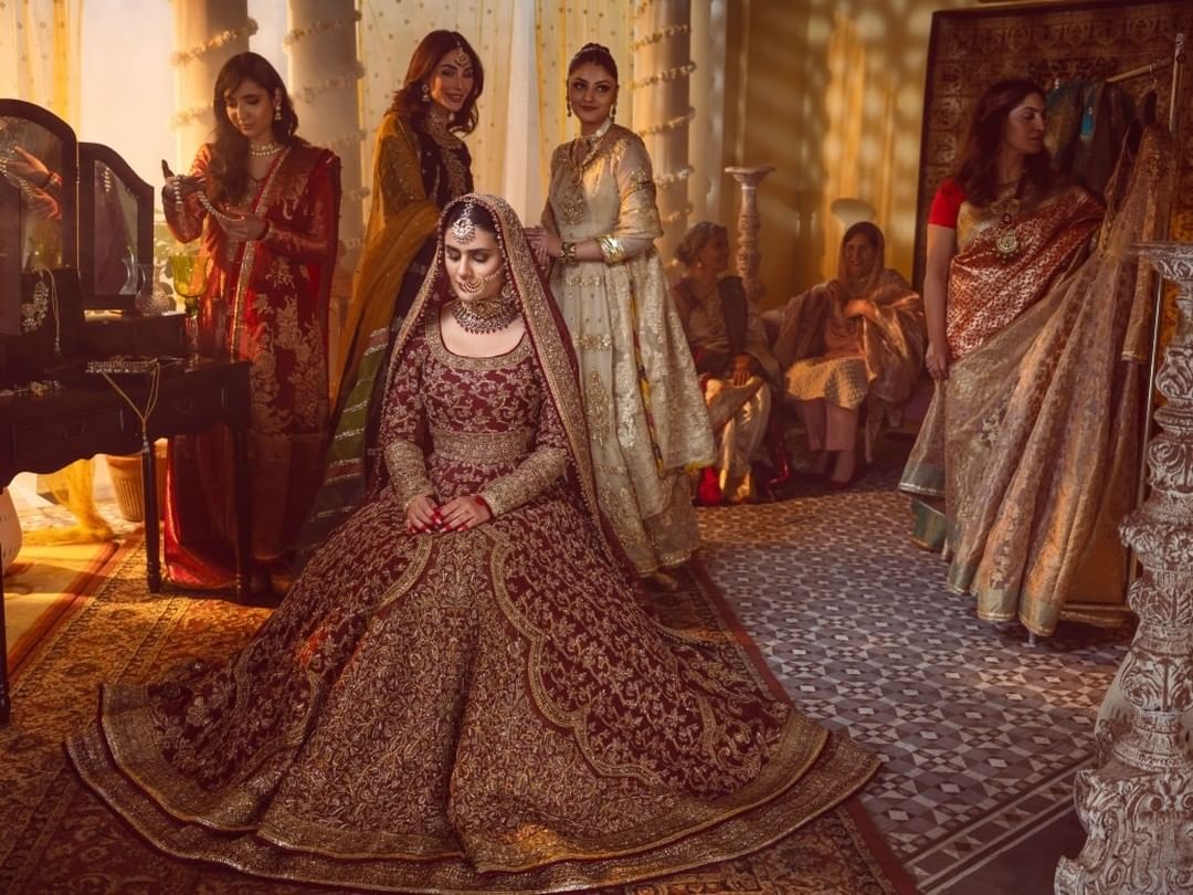Elegant Gold & Red Pakistani Bridal Dress with Lehenga