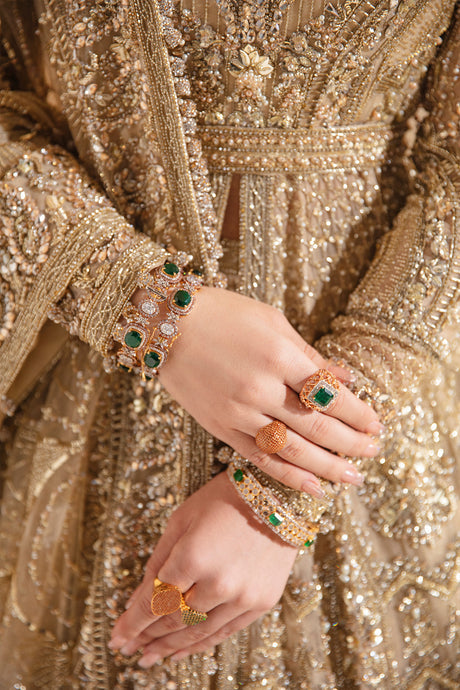 Majestic Golden Pakistan Bridal Dress with Frock & Lehenga