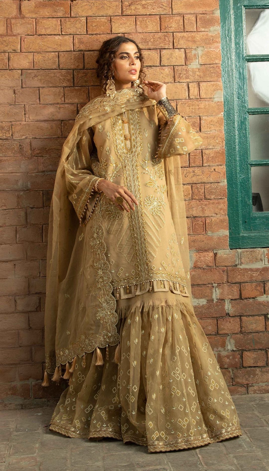 Latest Golden Gharara with Kameez by Designer Designer