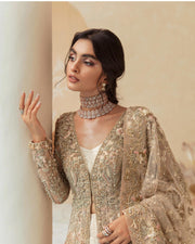 Latest Golden Open Gown with Bridal Lehenga and Dupatta Dress