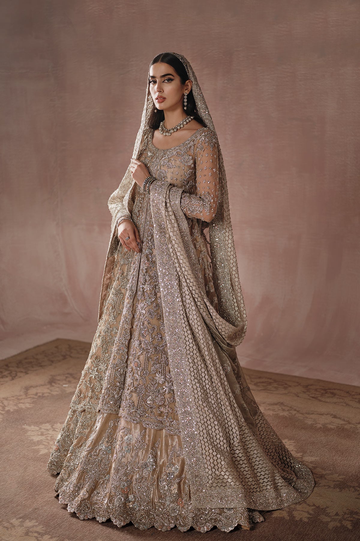 Golden Pakistani Bridal Dress in Lehenga Gown Style Nameera by Farooq