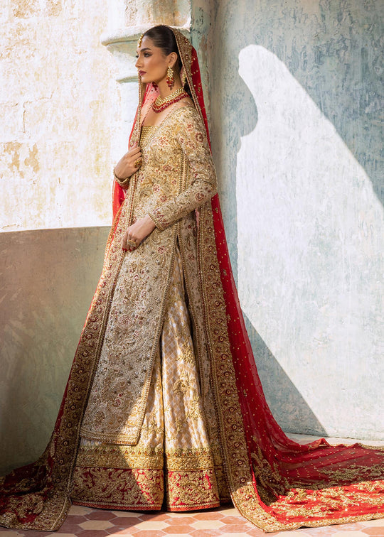 Latest Golden Pakistani Bridal Dress in Lehenga Gown Style