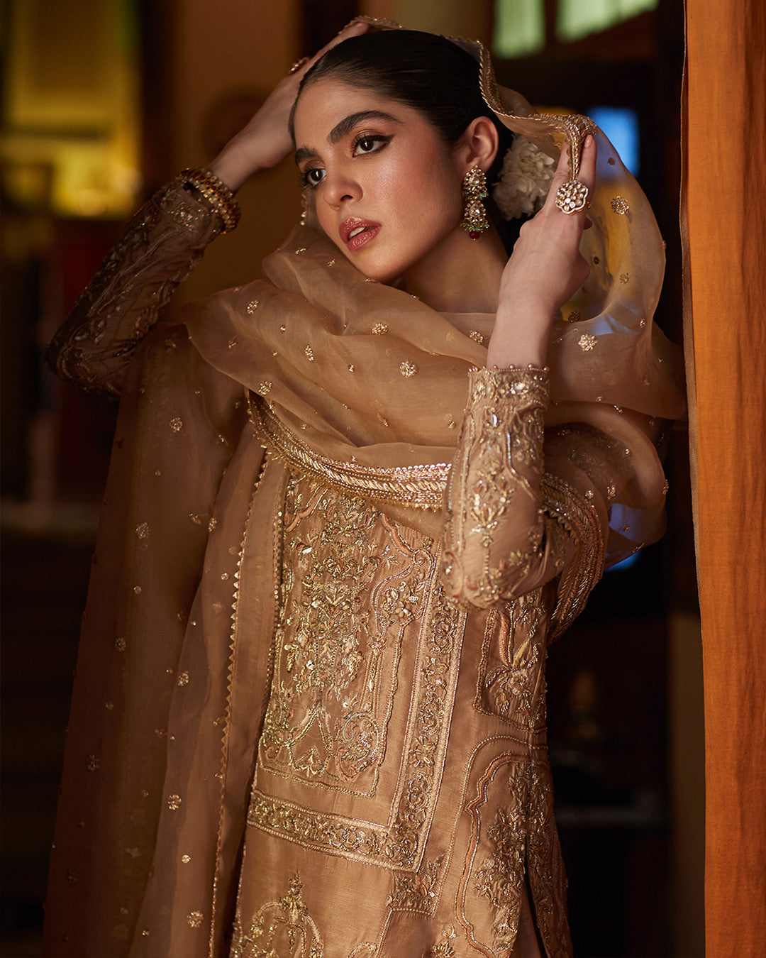 Latest Golden Pakistani Dress in Kameez Trouser Dupatta Style