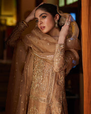 Latest Golden Pakistani Dress in Kameez Trouser Dupatta Style