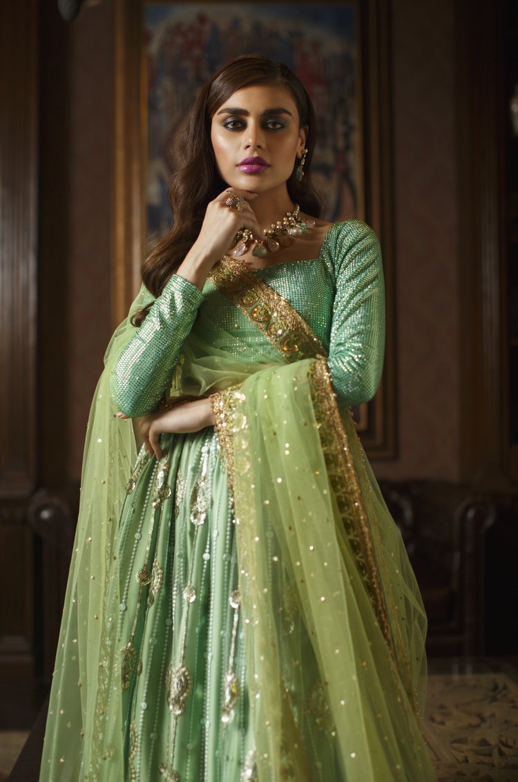 Elegant Green Pakistani Bridal Lehenga and Dupatta