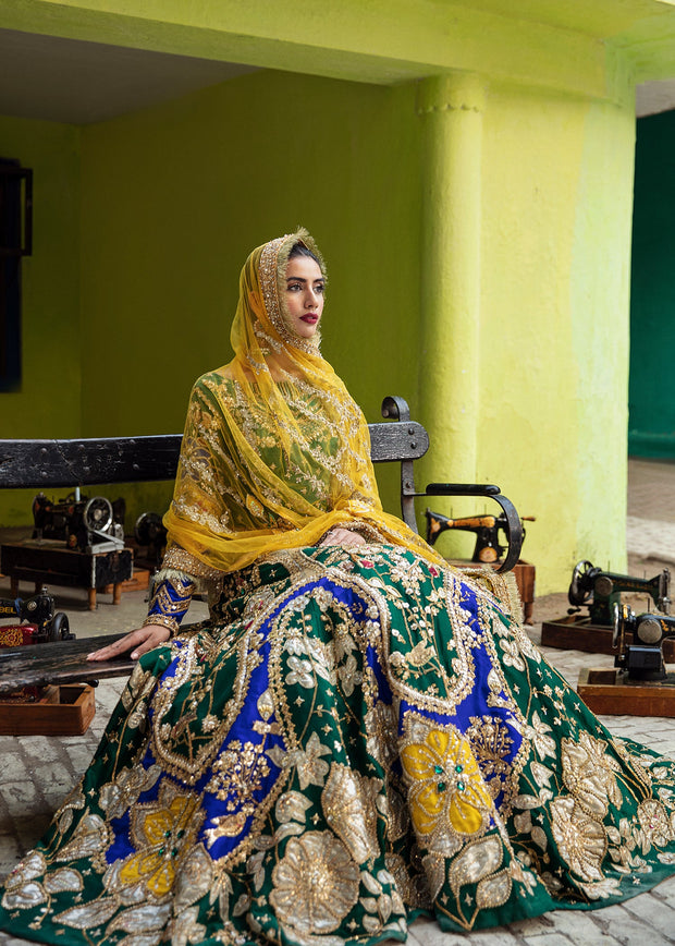 Latest Blue Green Lehenga Choli with Yellow Dupatta Dress Nameera by Farooq