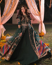 Latest Green Lehenga with Open Gown Pakistani Mehndi Dress