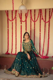 Latest Green Pakistani Bridal Dress in Frock Lehenga Style
