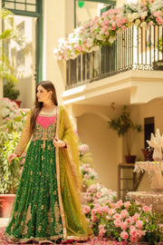 Latest Green Pishwas Frock and Lehenga Pakistani Bridal Dress