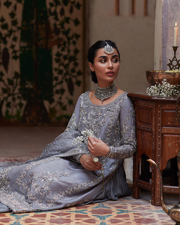 Latest Grey Pakistani Wedding Dress in Kameez Sharara Style