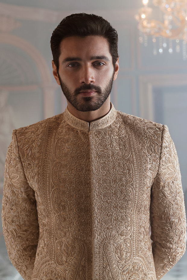 Latest Hand-Embroidered Mens Groom Sherwani in Jamawar Fabric
