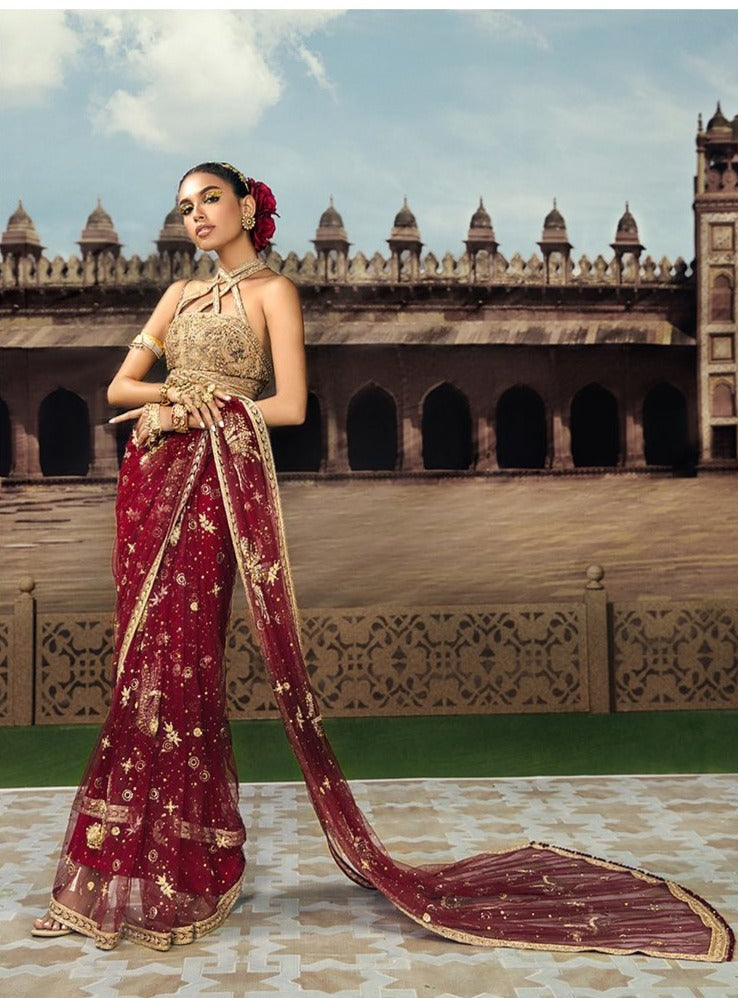 Elegant Dark Red Indian Bridal Saree with Blouse for Bride