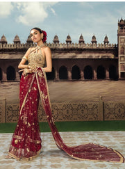 Latest Indian Saree in Dark Red Color with Blouse for Bride