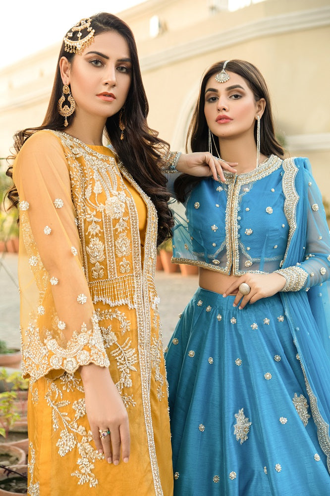 Elegant Mustard Yellow Pakistani Bridal Dress - Jacket Sharara
