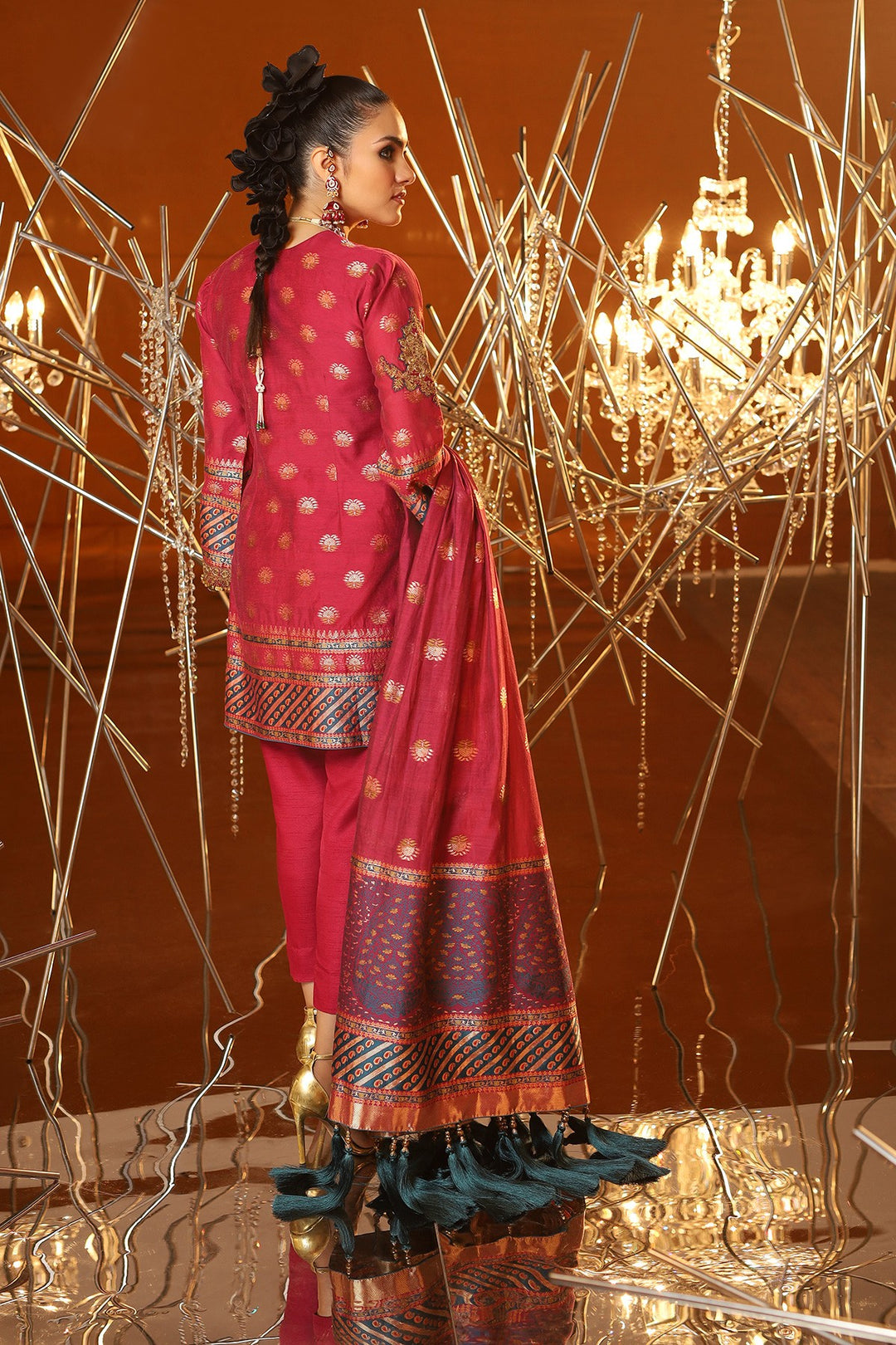 Latest Jacquard Eid Outfit in Magenta Color Backside View